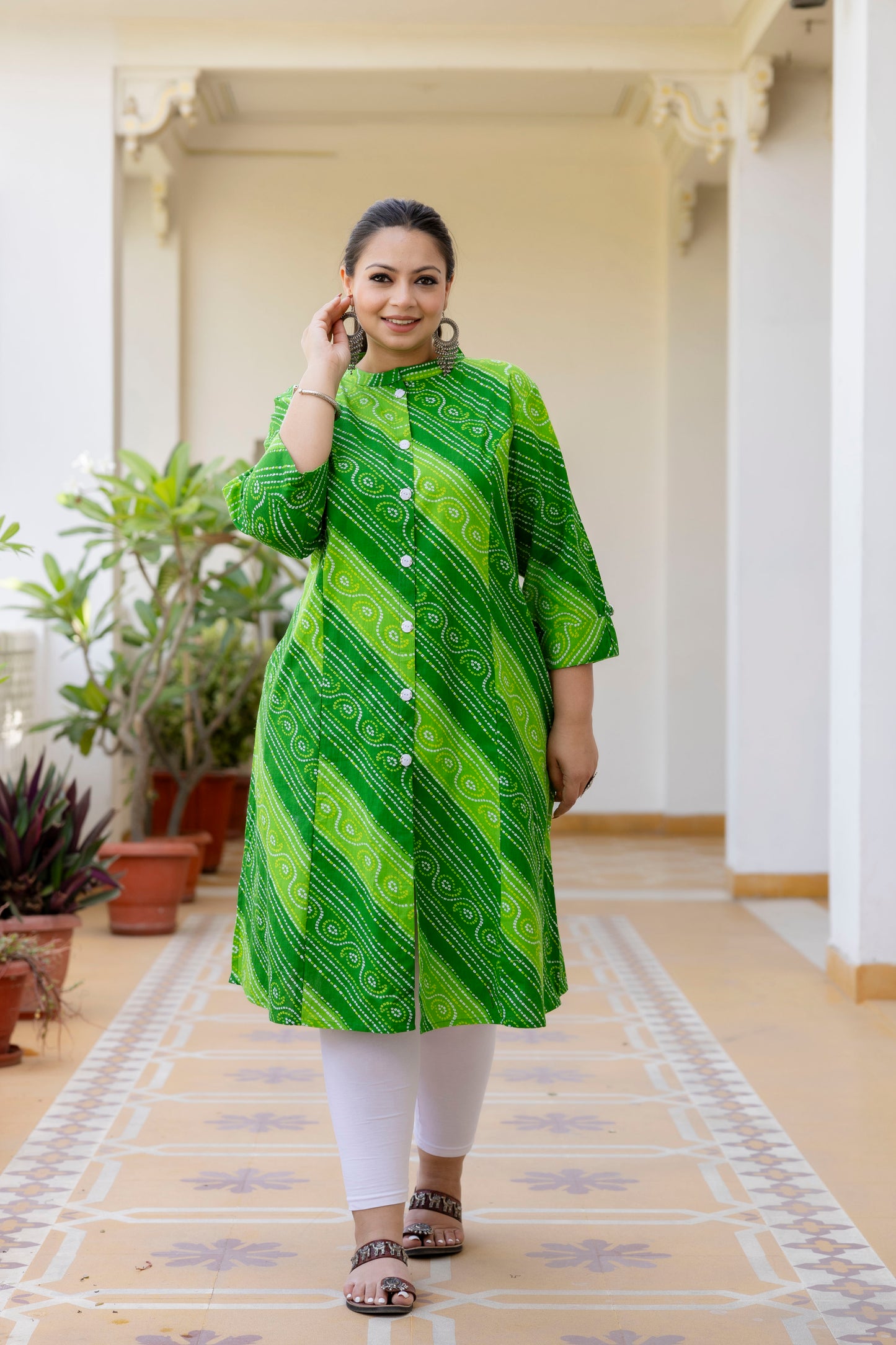 Green Front Slit Lehriya A Line Kurta