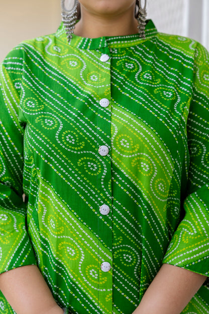 Green Front Slit Lehriya A Line Kurta