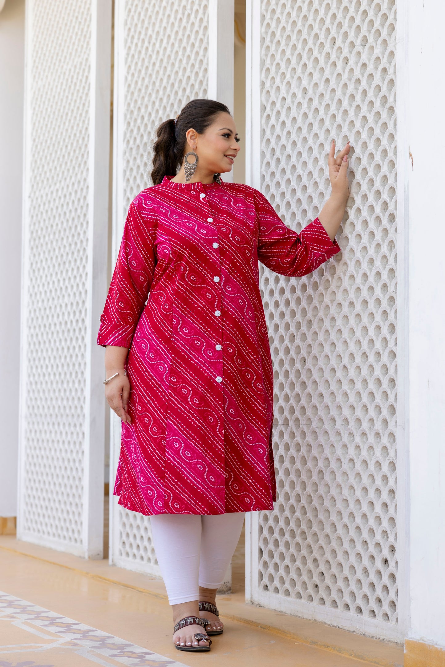 Pink Front Slit Lehriya A Line Kurta