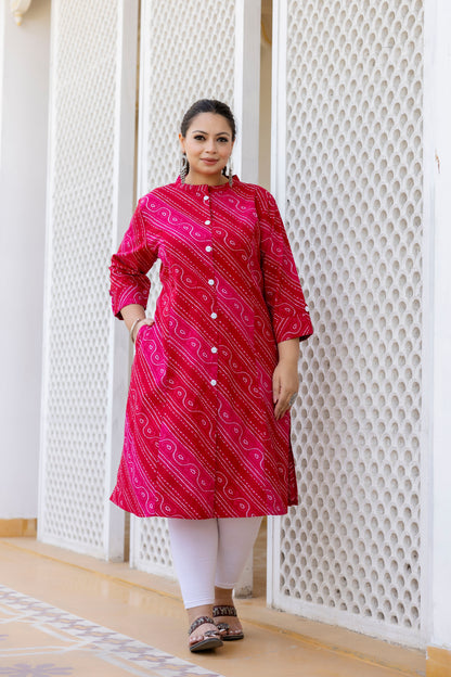 Pink Front Slit Lehriya A Line Kurta