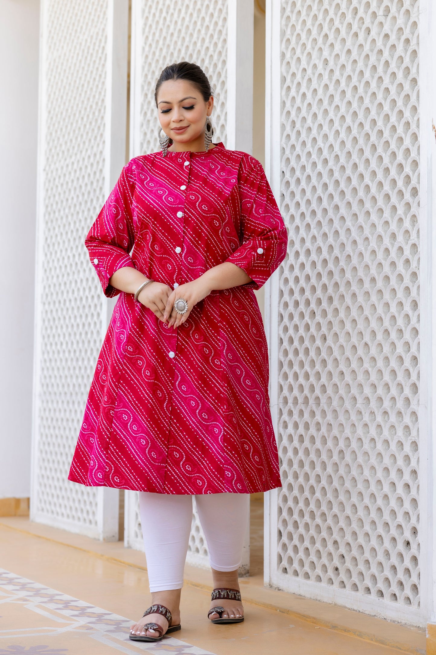 Pink Front Slit Lehriya A Line Kurta