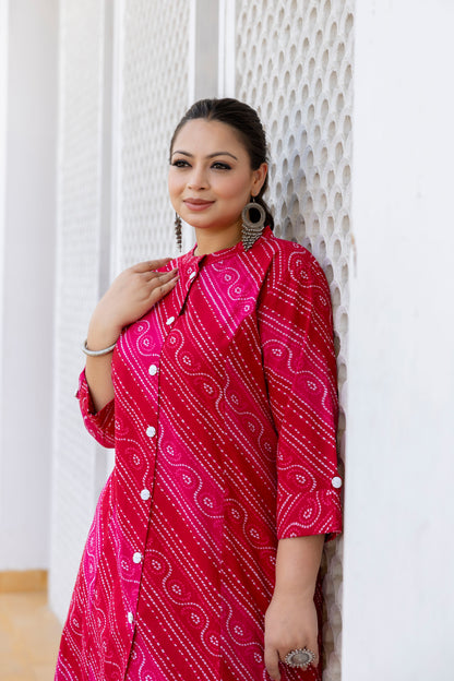 Pink Front Slit Lehriya A Line Kurta