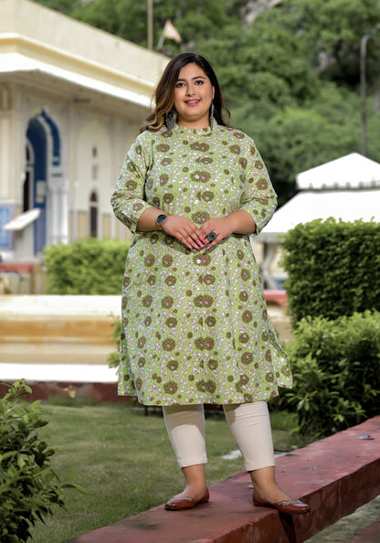 Green Front Slit 'A' Line Kurta (Cotton)