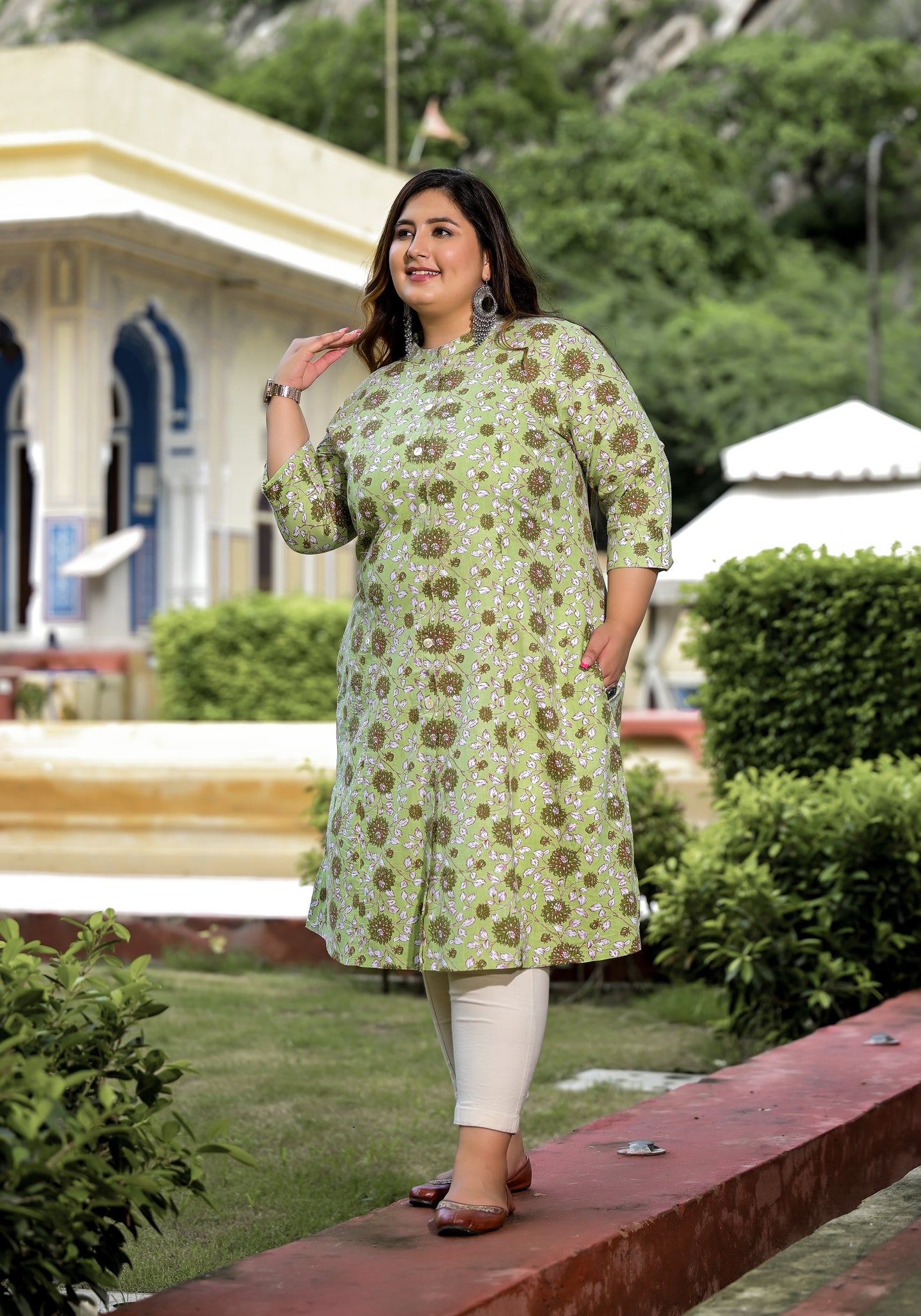 Green Front Slit 'A' Line Kurta (Cotton)