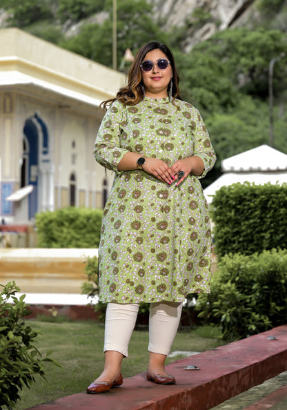 Green Front Slit 'A' Line Kurta (Cotton)