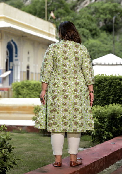 Green Front Slit 'A' Line Kurta (Cotton)