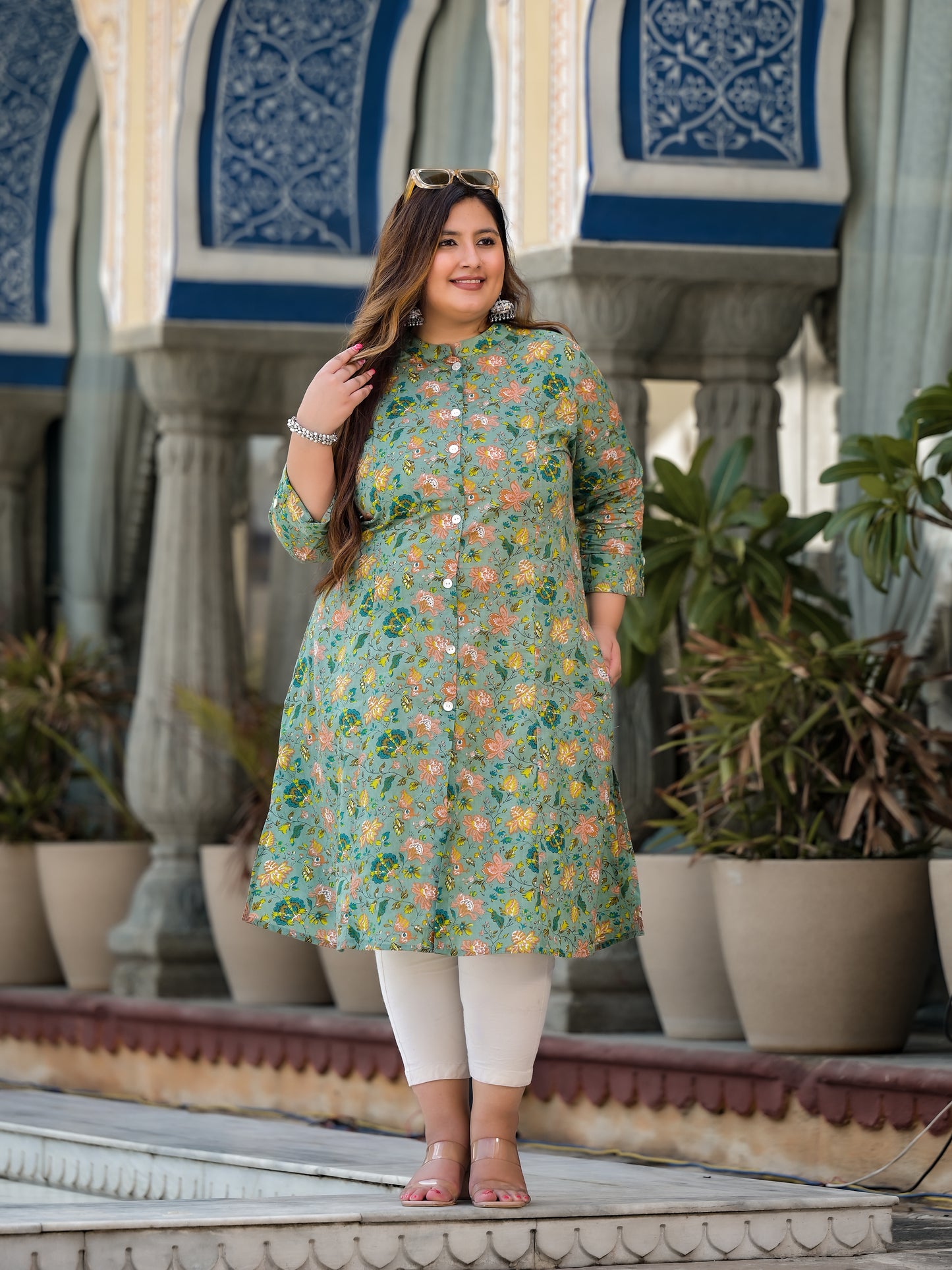 Green Front Slit Princess Cut 'A' Line Kurta