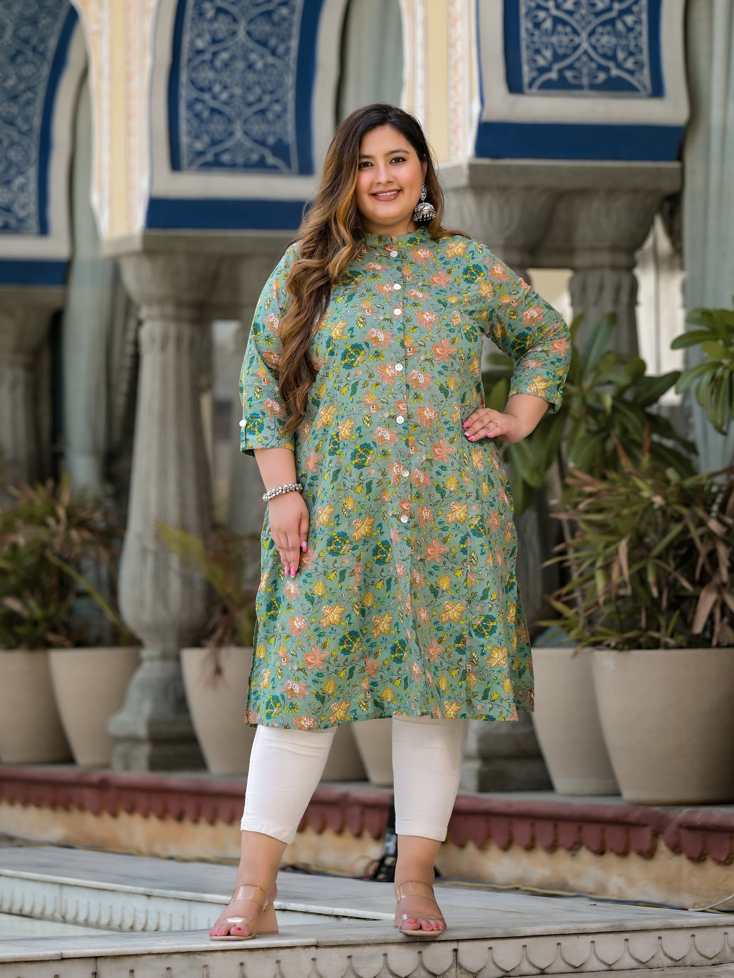 Green Front Slit Princess Cut 'A' Line Kurta