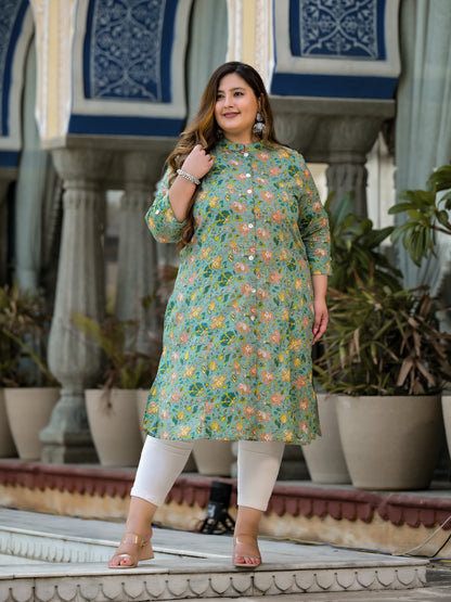 Green Front Slit Princess Cut 'A' Line Kurta