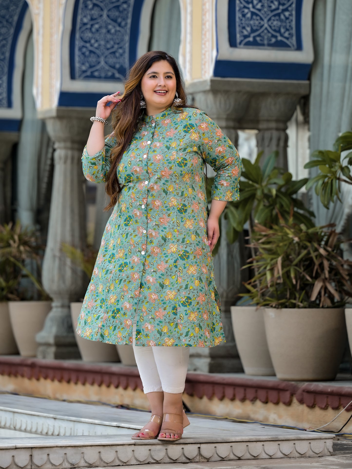 Green Front Slit Princess Cut 'A' Line Kurta