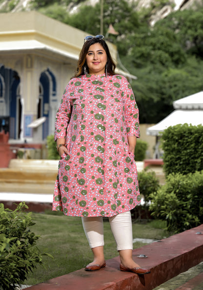 Pink Front Slit 'A' Line Kurta (Cotton)