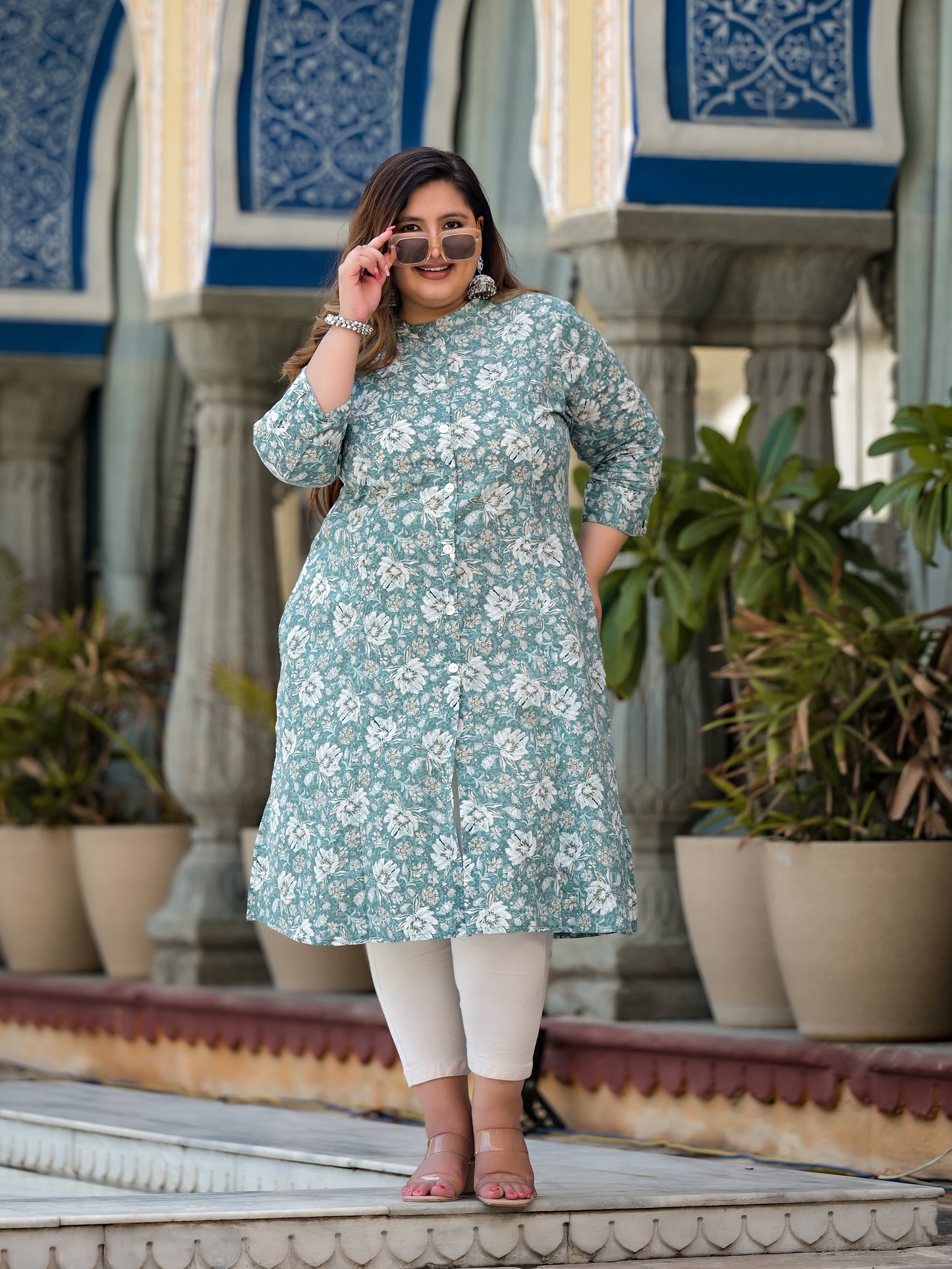 Green Front Slit 'A' Line Kurta (Cotton)