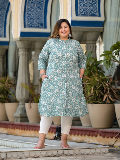 Green Front Slit 'A' Line Kurta (Cotton)