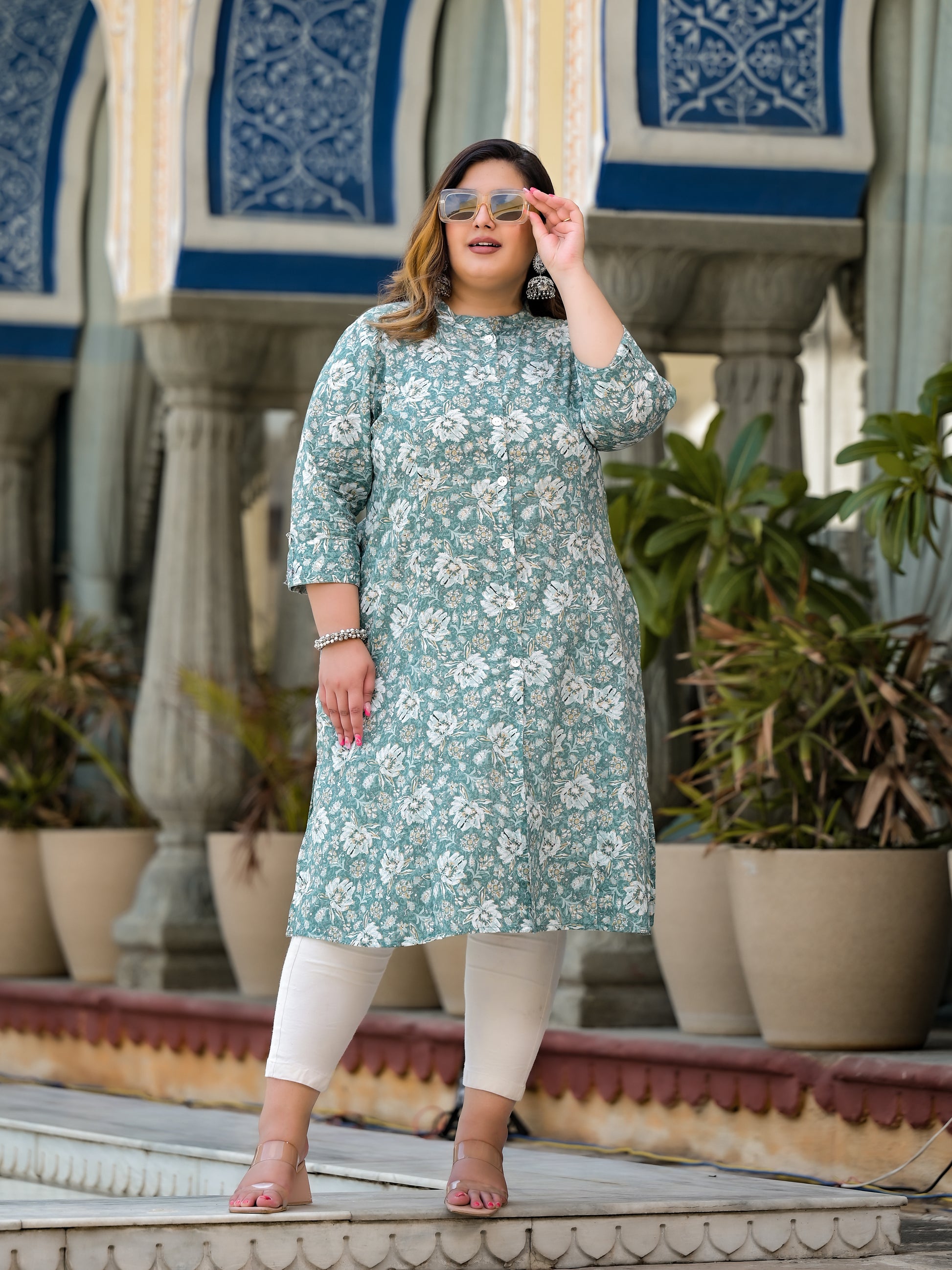 Green Front Slit 'A' Line Kurta (Cotton) - Main Image