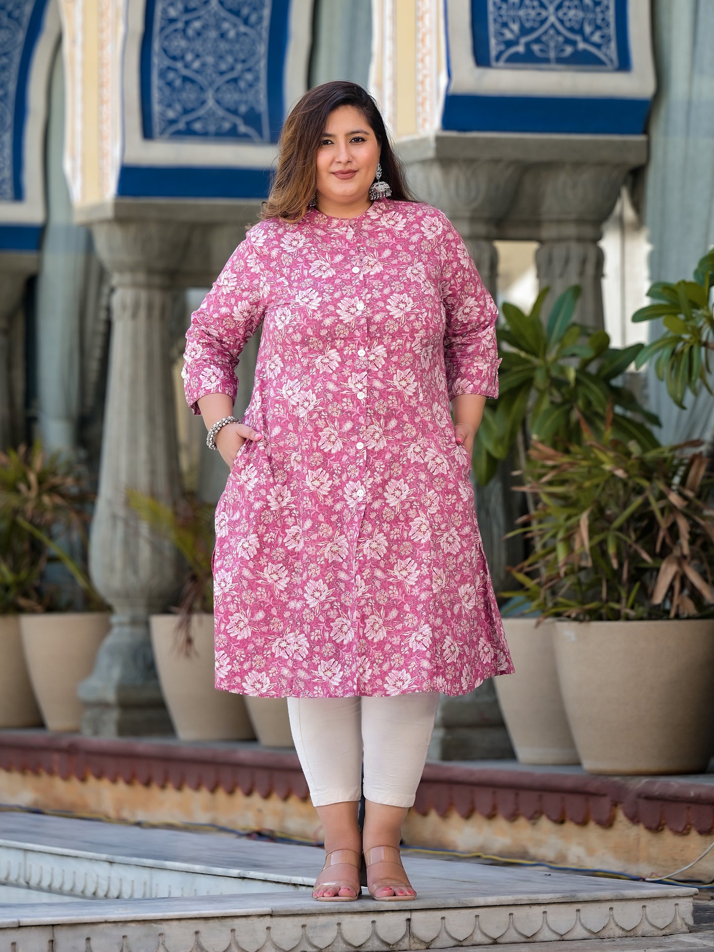 Pink Front Slit 'A' Line Kurta (Cotton)