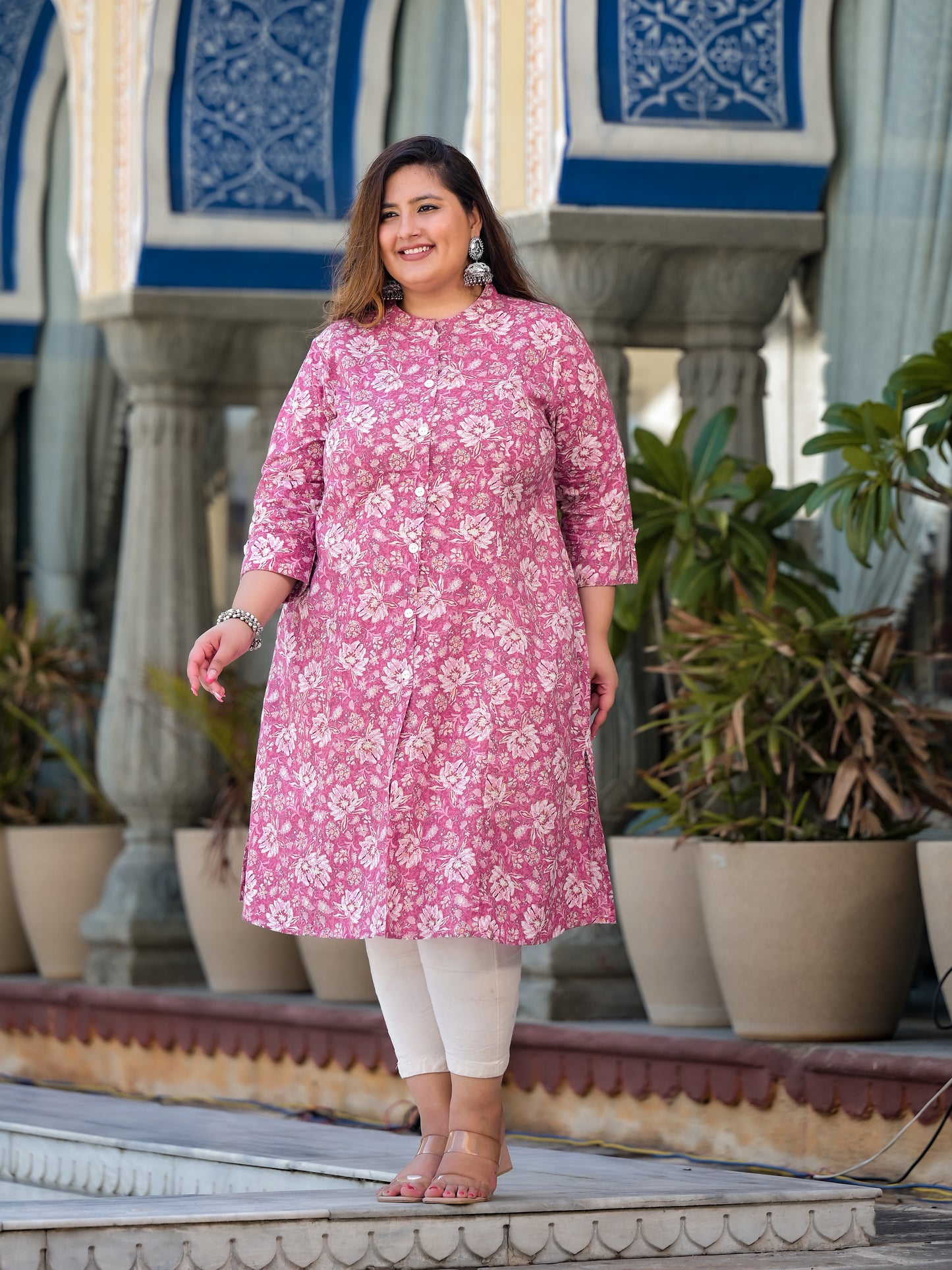 Pink Front Slit 'A' Line Kurta (Cotton)