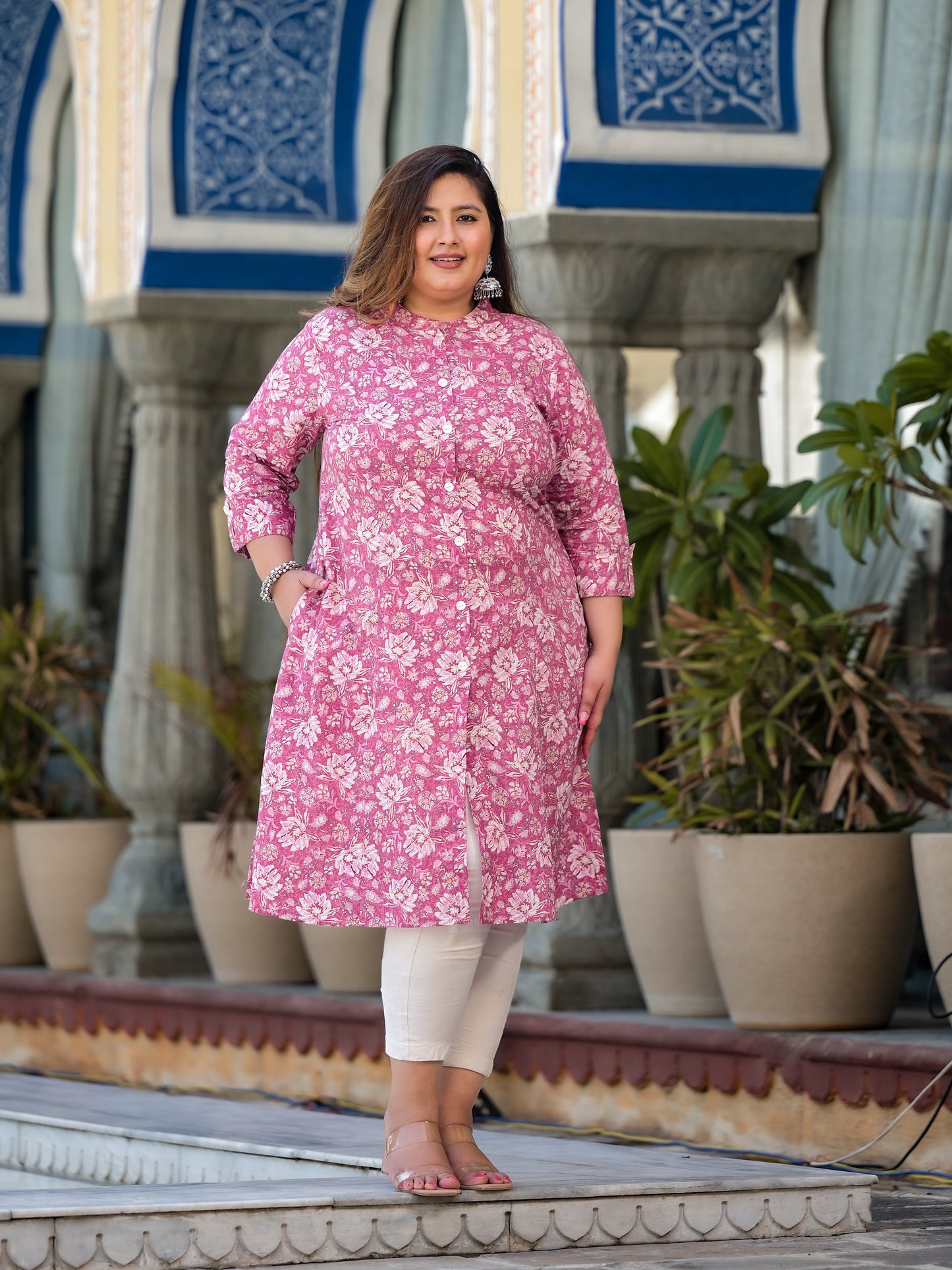 Pink Front Slit 'A' Line Kurta (Cotton)