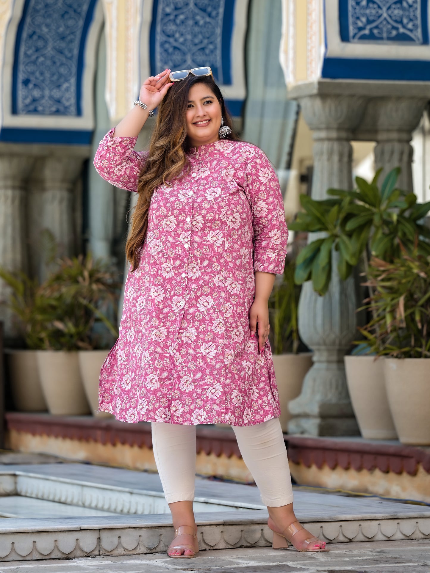 Pink Front Slit 'A' Line Kurta (Cotton)