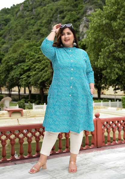 Sea Green Lehriya Front Slit 'A' Line Kurta (Cotton)