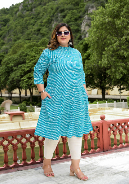 Sea Green Lehriya Front Slit 'A' Line Kurta (Cotton)