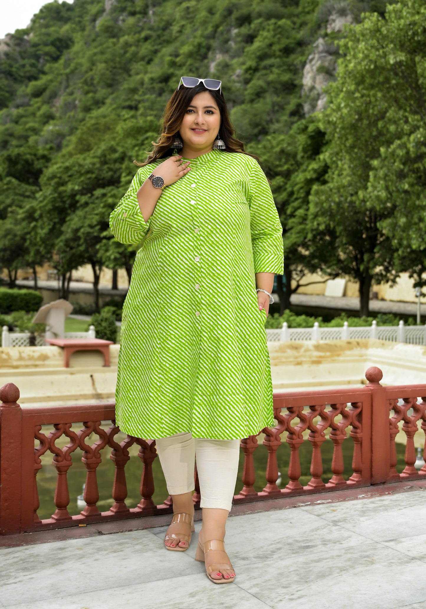 Green Lehriya Front Slit 'A' Line Kurta (Cotton)