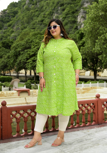 Green Lehriya Front Slit 'A' Line Kurta (Cotton)