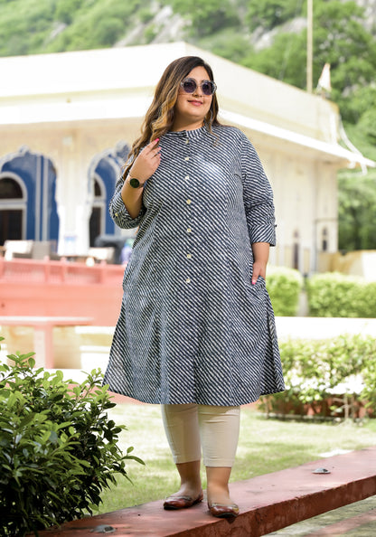 Grey Lehriya Front Slit 'A' Line Kurta (Cotton)