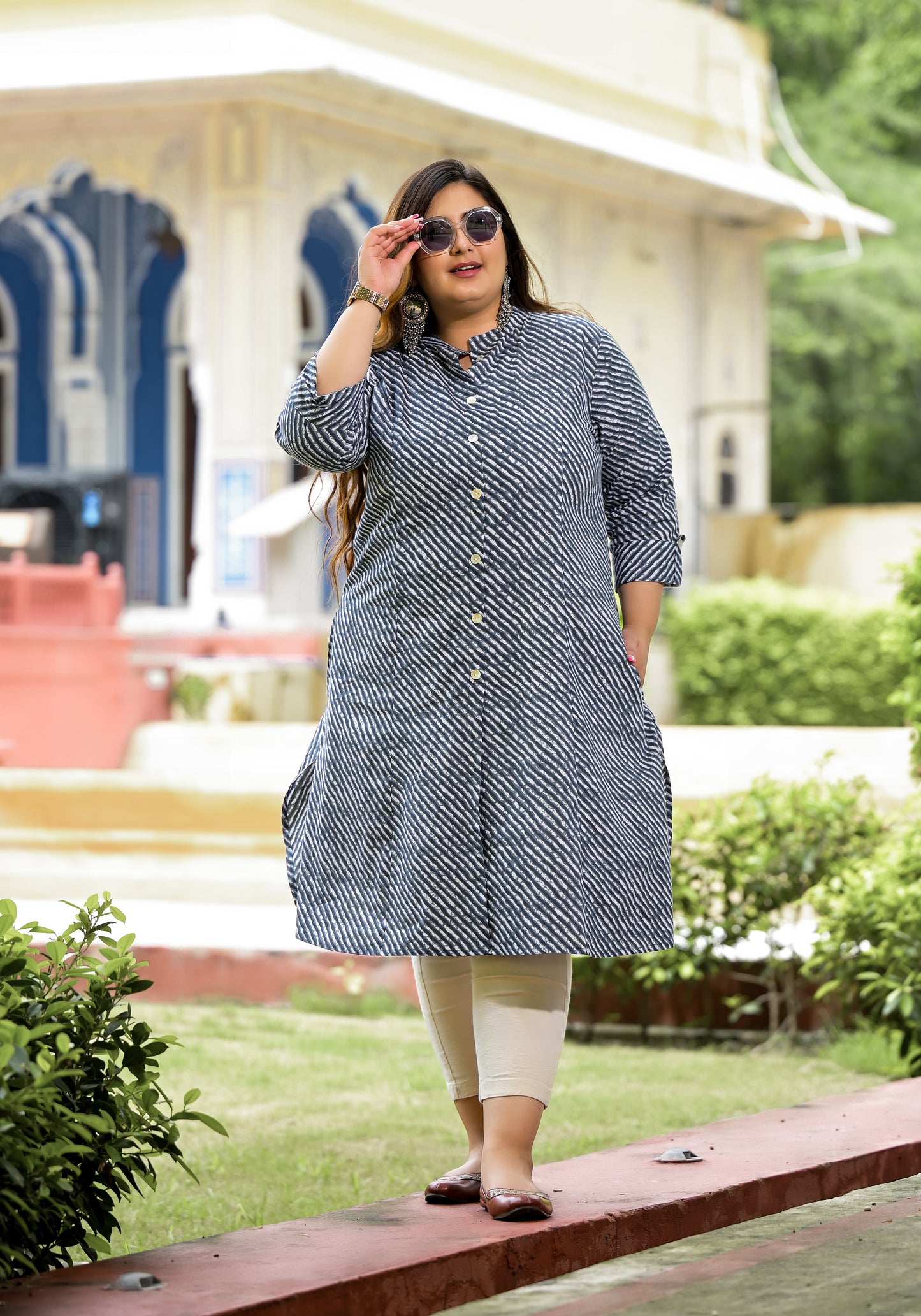 Grey Lehriya Front Slit 'A' Line Kurta (Cotton)