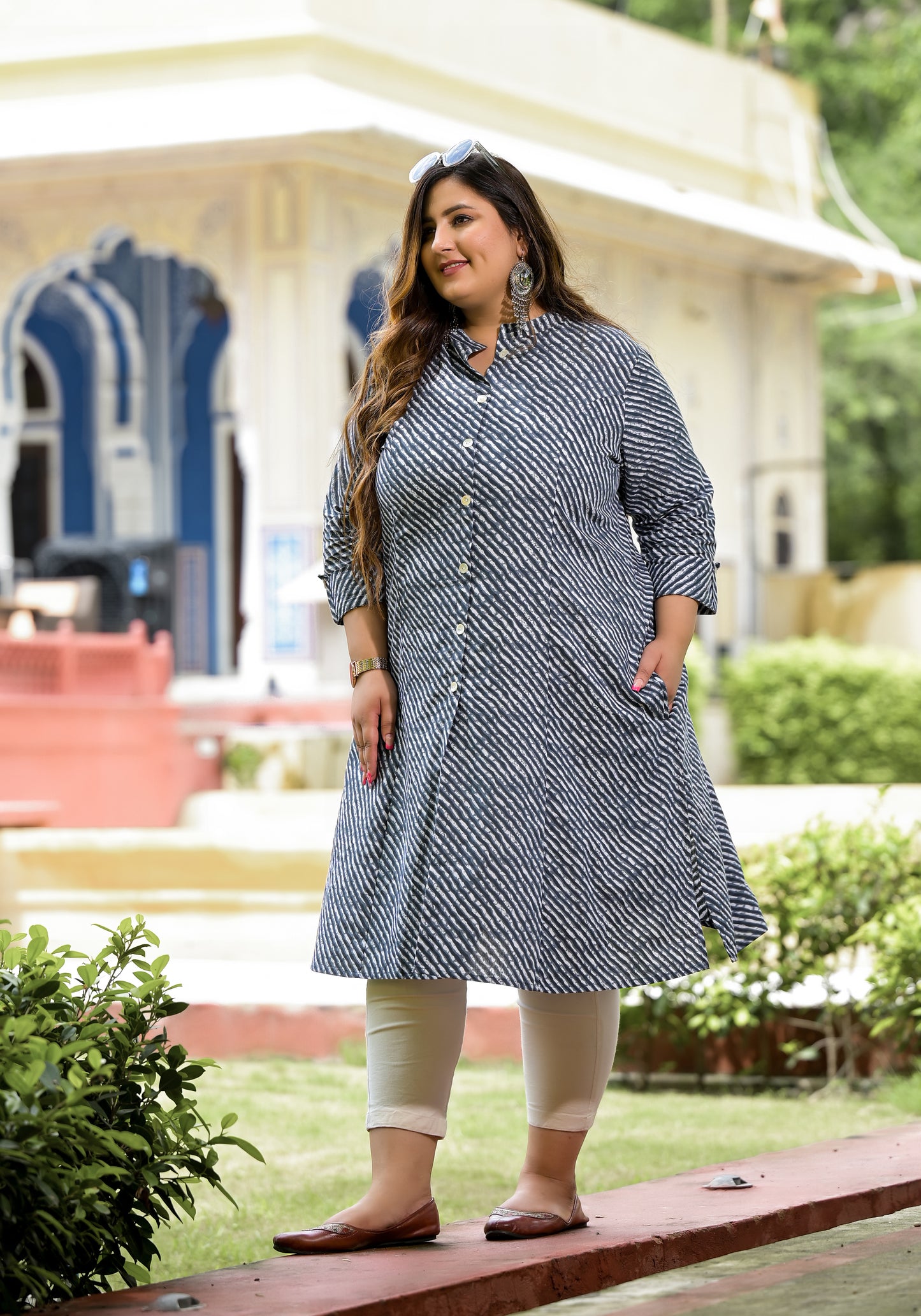 Grey Lehriya Front Slit 'A' Line Kurta (Cotton)