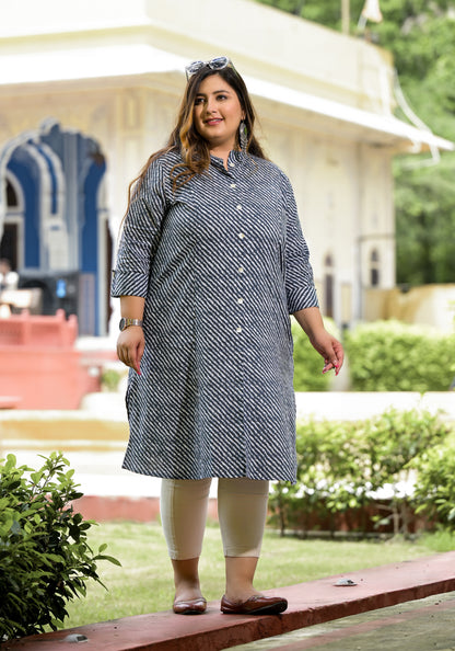 Grey Lehriya Front Slit 'A' Line Kurta (Cotton)