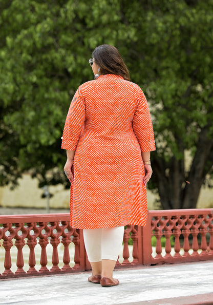 Orange Lehriya Front Slit 'A' Line Kurta (Cotton)