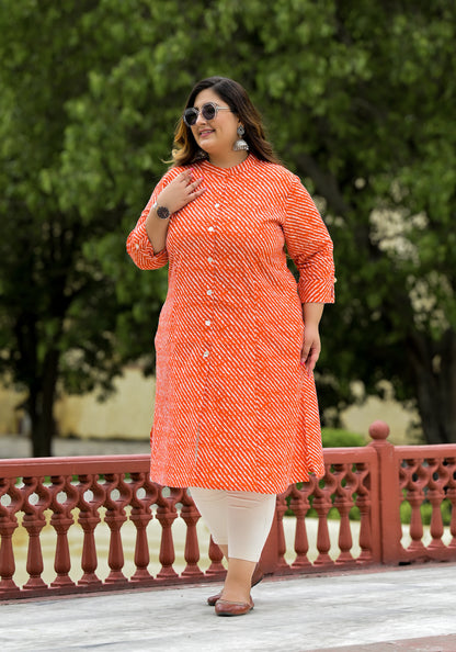 Orange Lehriya Front Slit 'A' Line Kurta (Cotton)