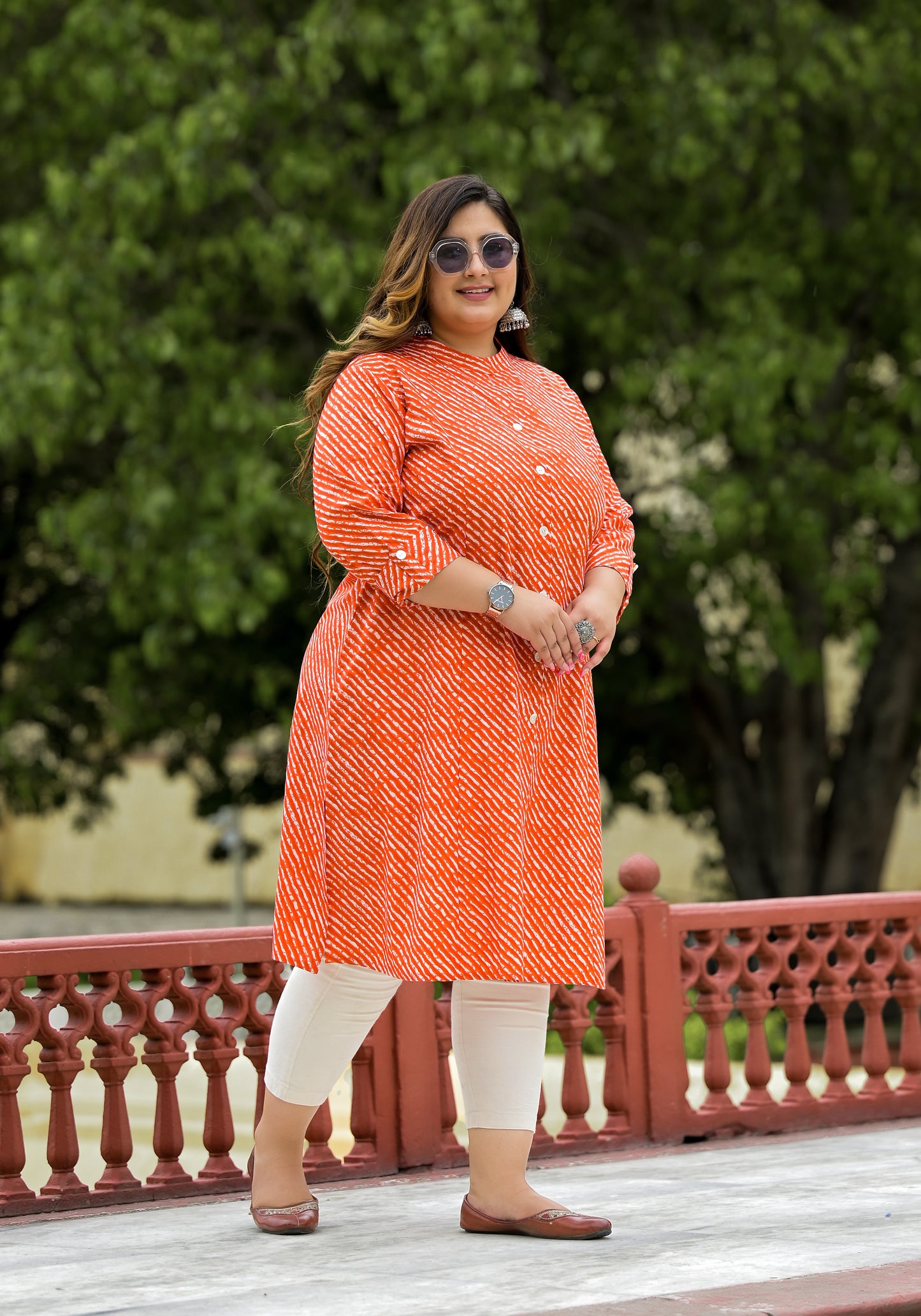 Orange Lehriya Front Slit 'A' Line Kurta (Cotton)