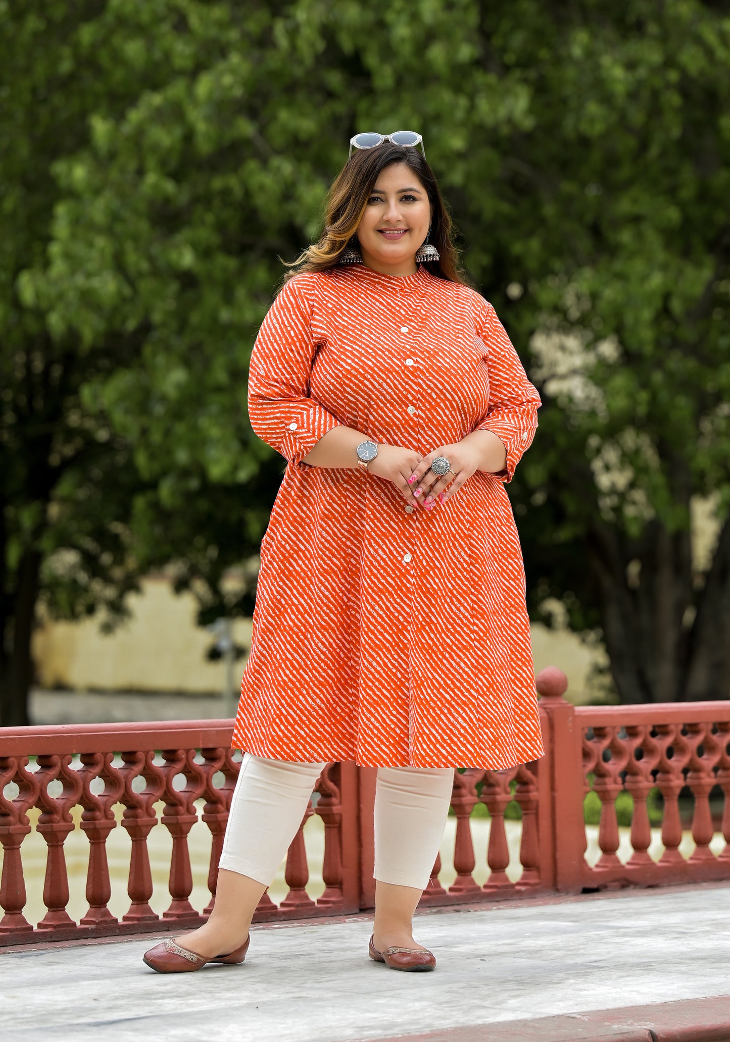 Orange Lehriya Front Slit 'A' Line Kurta (Cotton)