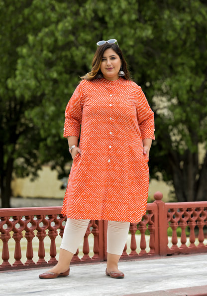 Orange Lehriya Front Slit 'A' Line Kurta (Cotton)