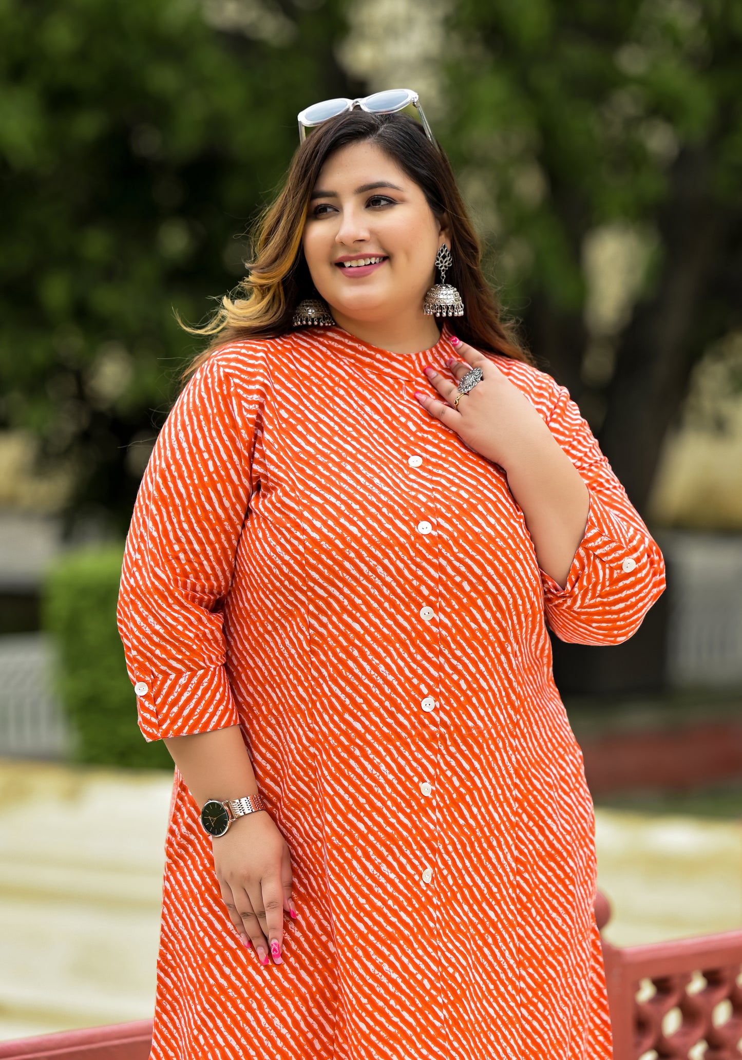 Orange Lehriya Front Slit 'A' Line Kurta (Cotton)