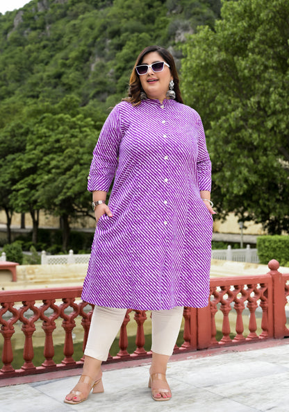 Purple Lehriya Front Slit 'A' Line Kurta (Cotton)