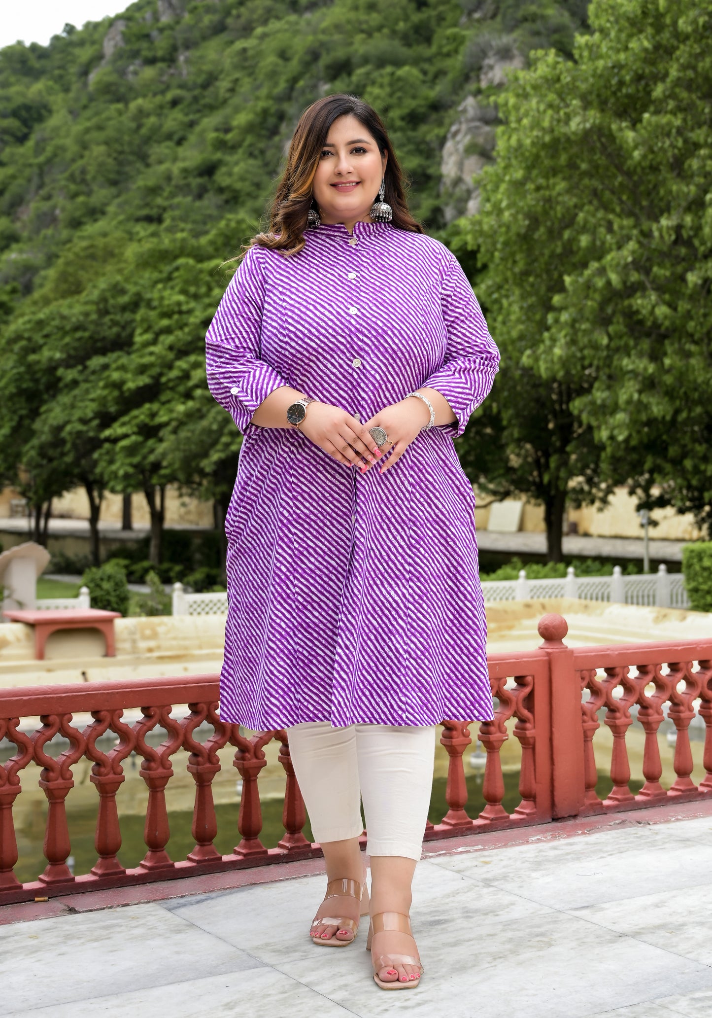 Purple Lehriya Front Slit 'A' Line Kurta (Cotton)