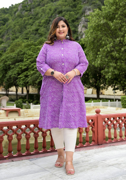 Purple Lehriya Front Slit 'A' Line Kurta (Cotton)