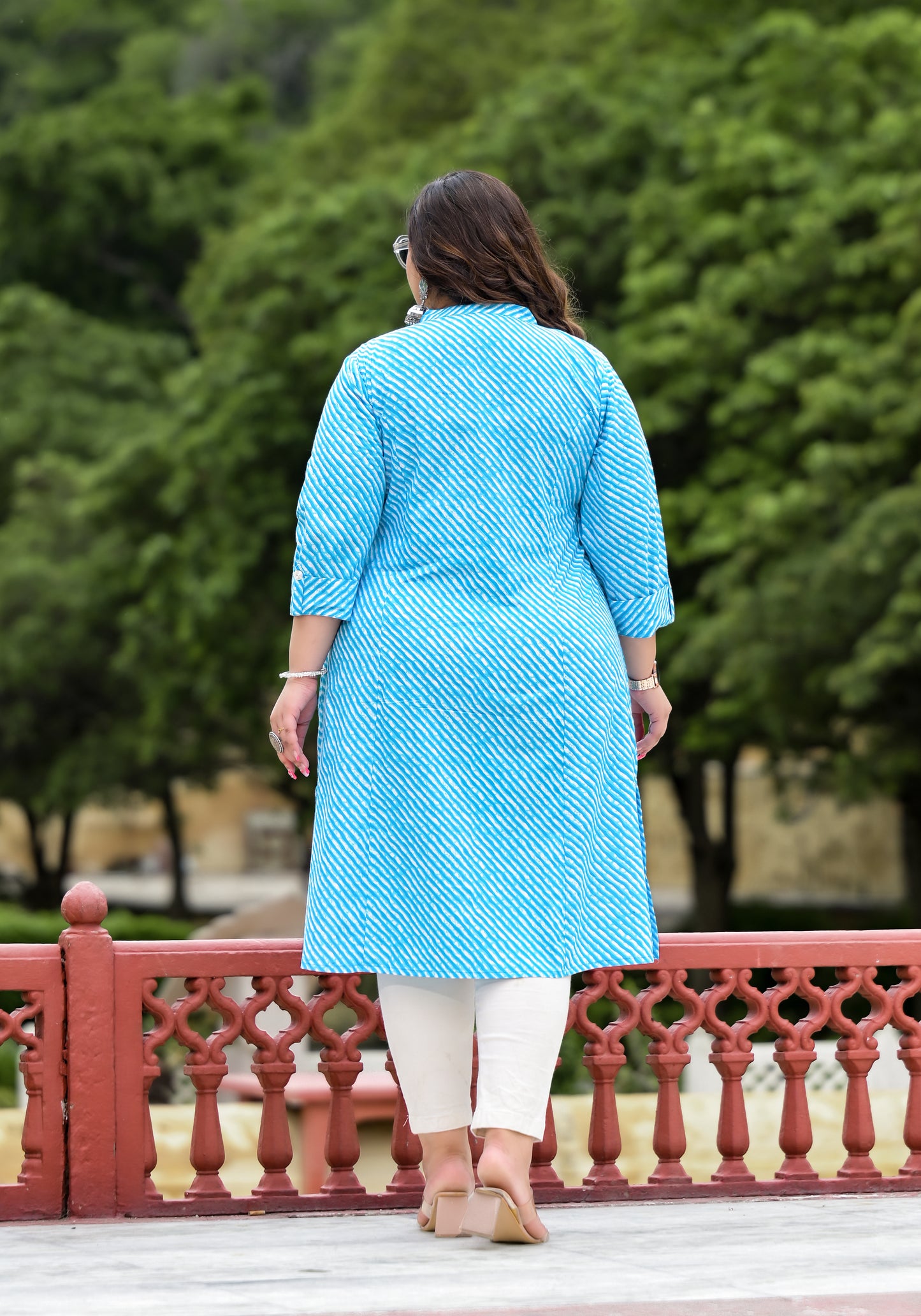 Turquoise Lehriya Front Slit 'A' Line Kurta (Cotton)