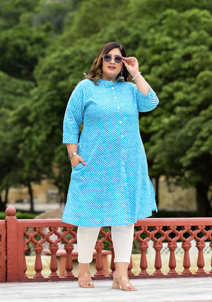 Turquoise Lehriya Front Slit 'A' Line Kurta (Cotton)