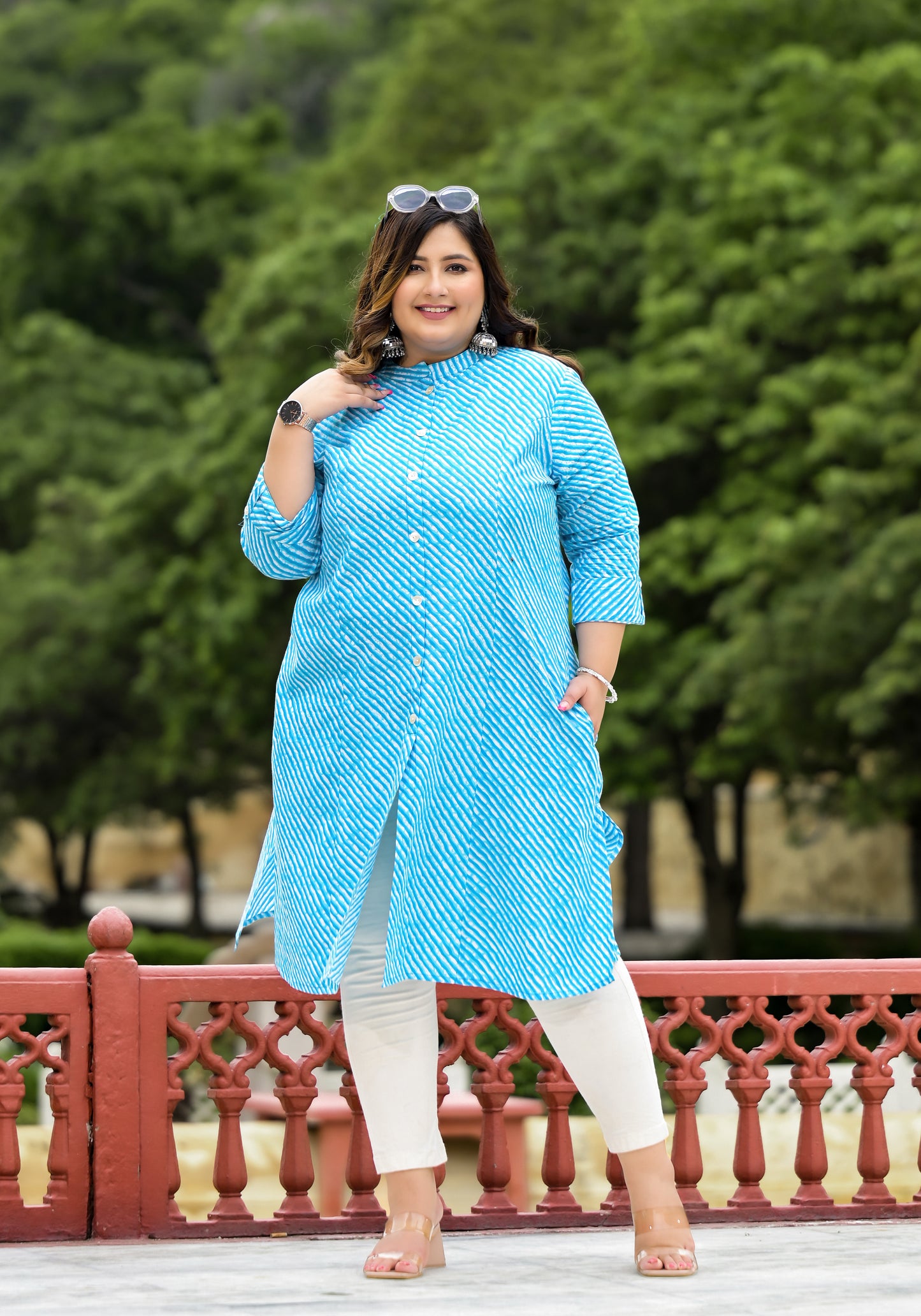 Turquoise Lehriya Front Slit 'A' Line Kurta (Cotton)