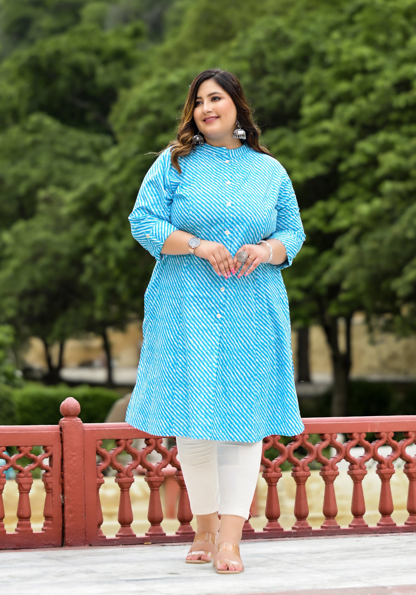 Turquoise Lehriya Front Slit 'A' Line Kurta (Cotton)