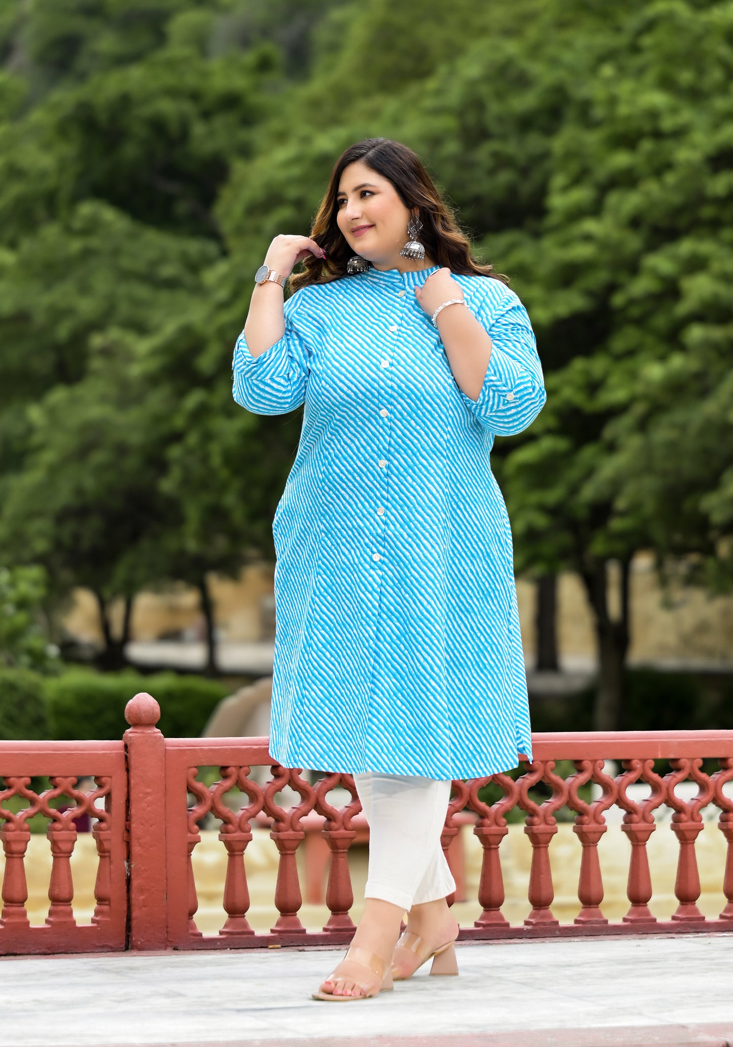 Turquoise Lehriya Front Slit 'A' Line Kurta (Cotton)