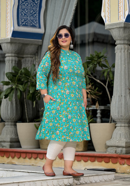 Sea Green Front Slit 'A' Line Kurta (Cotton)