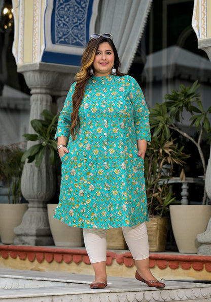 Sea Green Front Slit 'A' Line Kurta (Cotton)