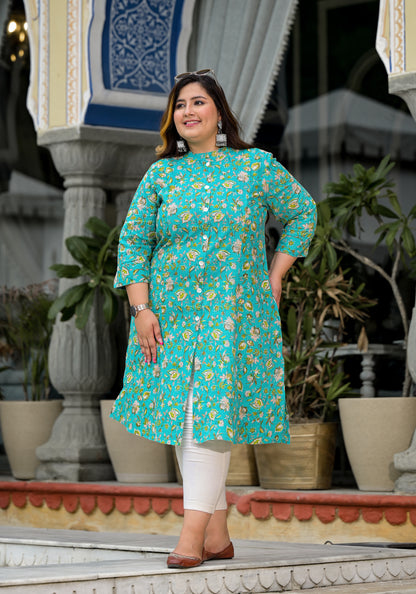 Sea Green Front Slit 'A' Line Kurta (Cotton)