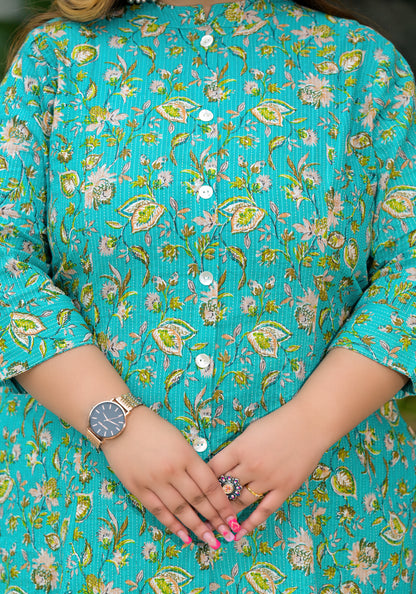 Sea Green Front Slit 'A' Line Kurta (Cotton)