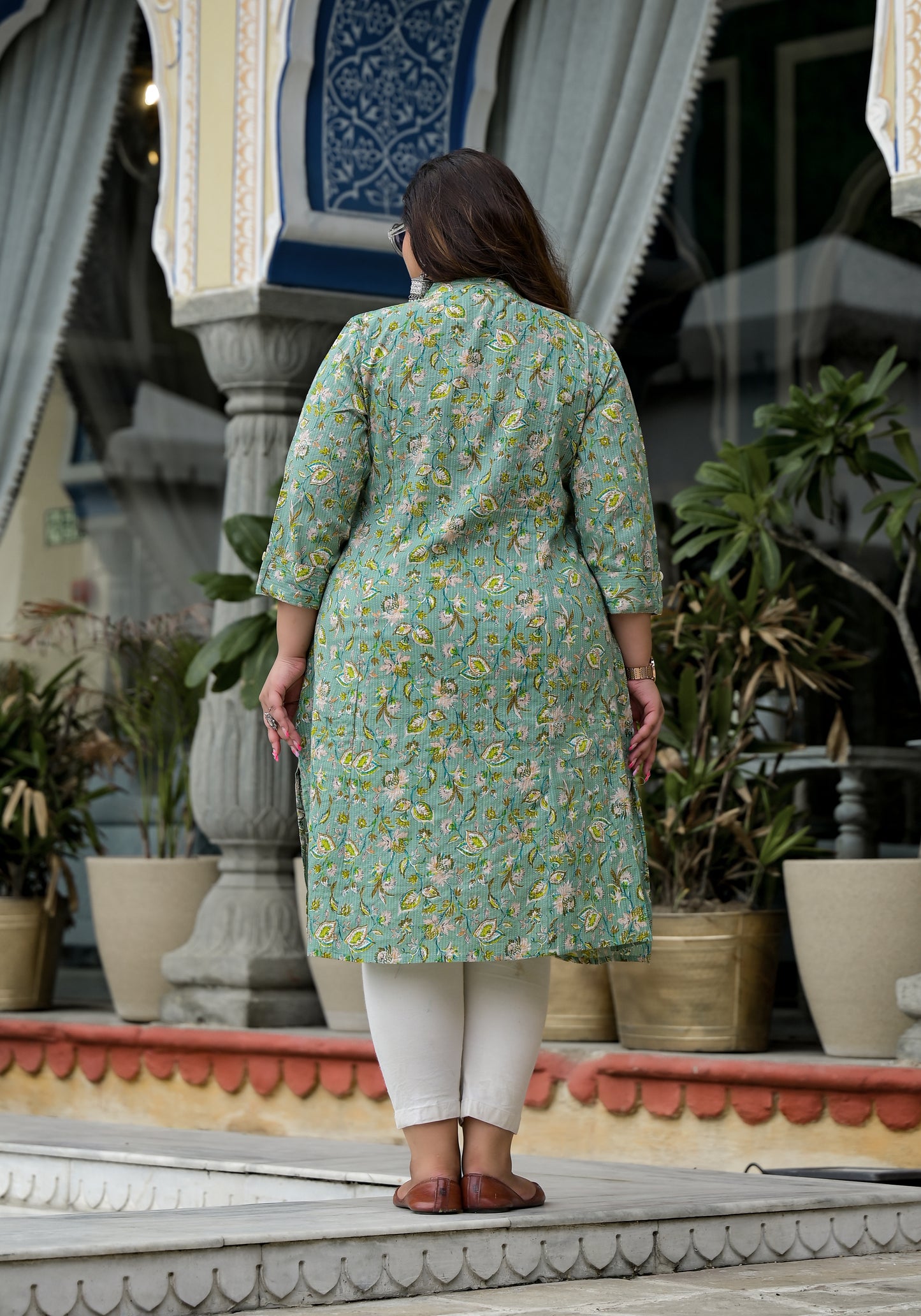 Green Front Slit 'A' Line Kurta (Cotton)