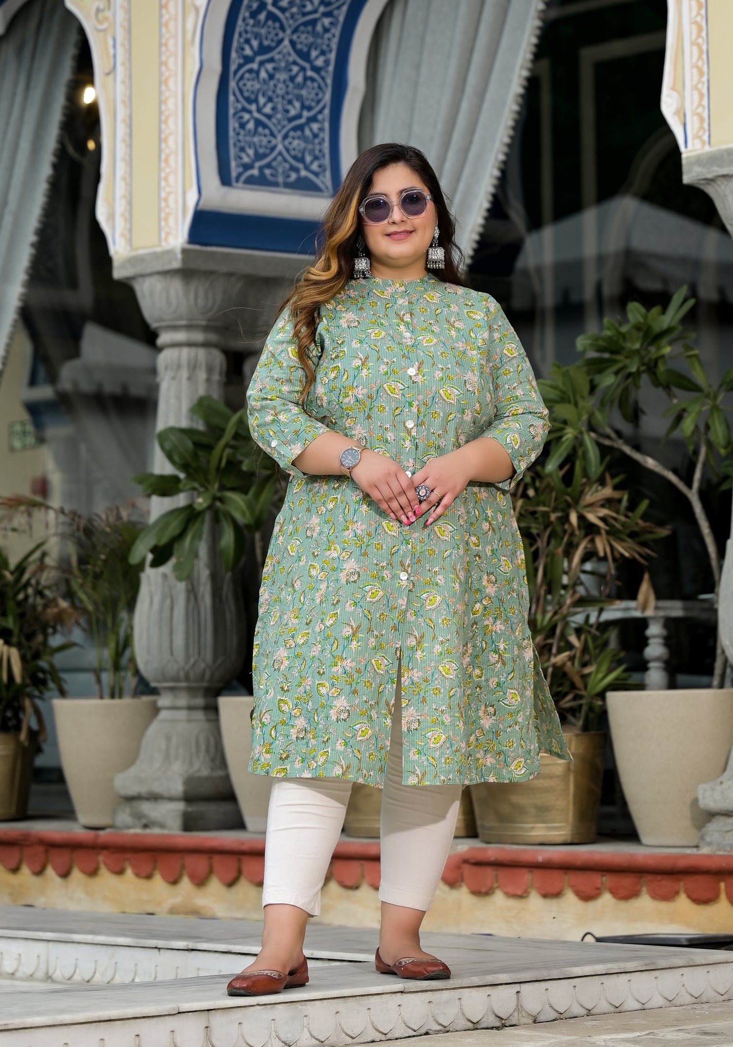 Green Front Slit 'A' Line Kurta (Cotton)